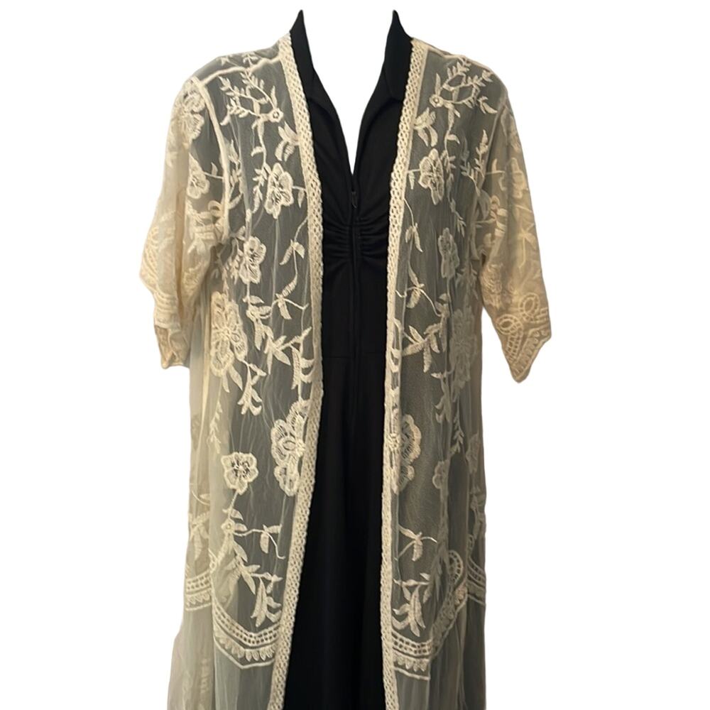 Ember Women’s Lg Ivory/Cream Lace Kimono Robe Duster Cardigan Swim Cover-up